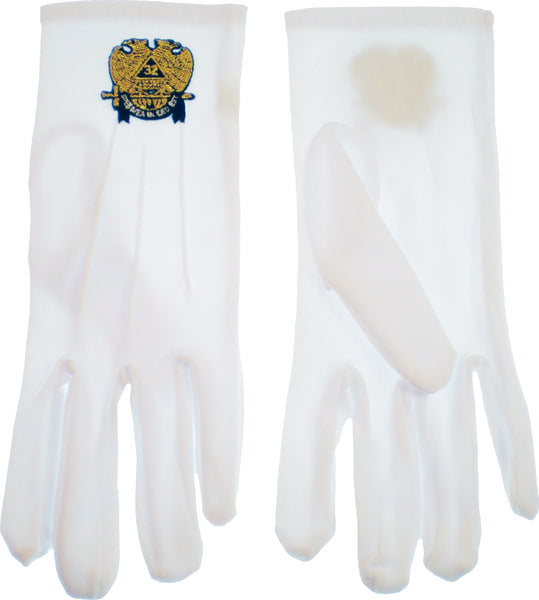 Scottish Rite 32nd Degree Wings Down Emblem Mens Ritual Gloves [White]