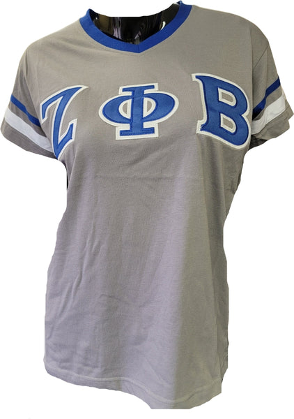 Buffalo Dallas Zeta Phi Beta Striped V-Neck T-Shirt [Short Sleeve - Grey]