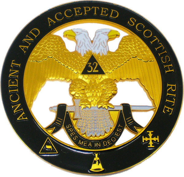Scottish Rite 32nd Degree Wings Down Round Cut Out Heavy Weight Car Emblem [Gold]