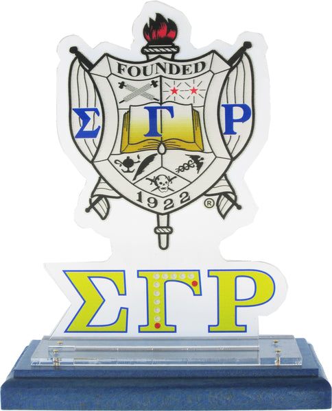 Sigma Gamma Rho Acrylic Desktop Crest With Wooden Base [Blue]