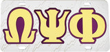 Omega Psi Phi Lightening Bolt Symbol Satin Background Tag License Plate [Silver]