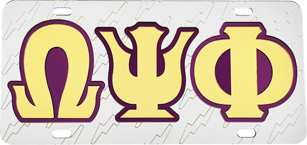 Omega Psi Phi Lightening Bolt Symbol Satin Background Tag License Plate [Silver]