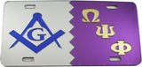 Mason + Omega Psi Phi Split Mirror License Plate [Silver/Blue/Purple/Gold - Car or Truck]