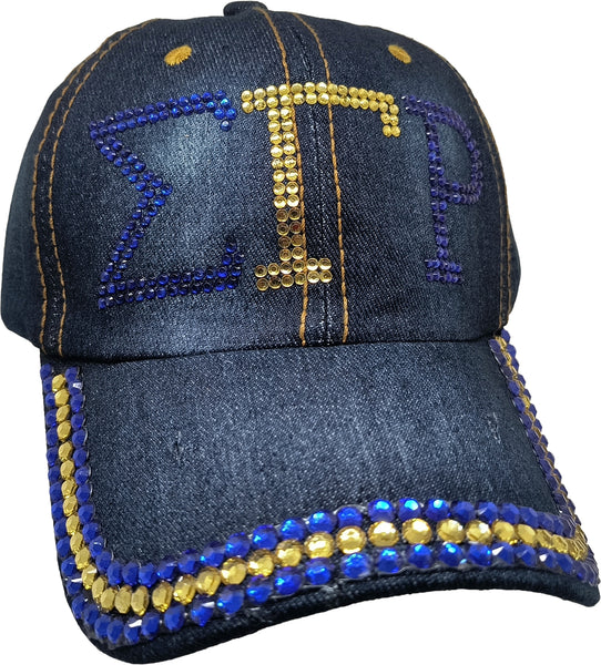 Sigma Gamma Rho Distressed Denim Rhinestone Ladies Cap [Denim Blue]