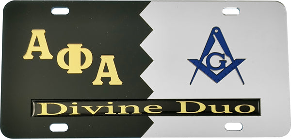 Alpha Phi Alpha + Mason Split Divine Duo License Plate [Black/Silver]