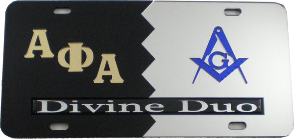 Alpha Phi Alpha + Mason Split Divine Duo License Plate [Black/Silver]