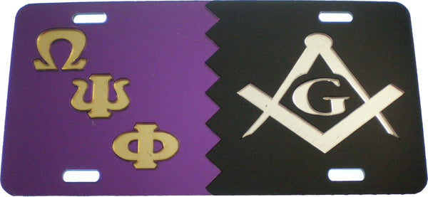 Omega Psi Phi + Mason Split Mirror License Plate [Purple/Gold/Black/Silver]