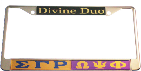 Sigma Gamma Rho + Omega Psi Phi Split Divine Duo License Plate Frame [Gold/Purple]