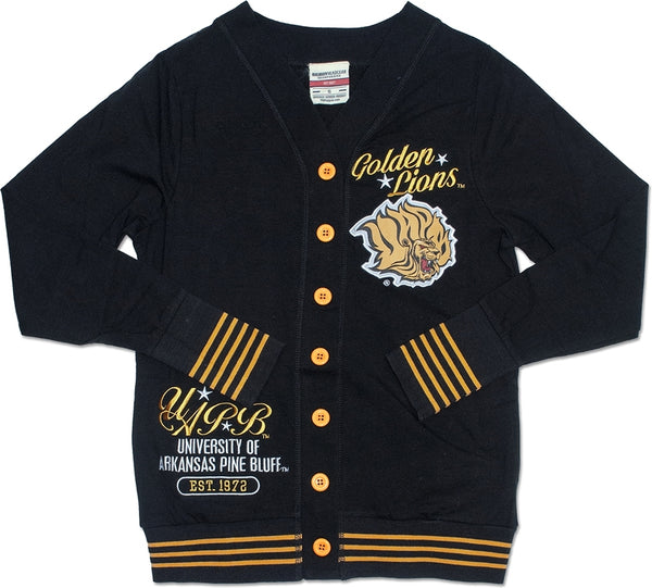 Big Boy Arkansas at Pine Bluff Golden Lions S4 Light Weight Ladies Cardigan [Black]