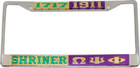 Shriner 1717 + Omega Psi Phi Split License Plate Frame [Silver Standard Frame - Gold/Green/Purple/Gold]