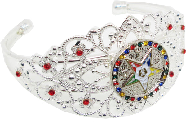 Eastern Star Crown Filigree Ladies Bangle Bracelet With Stones [Silver/Red]