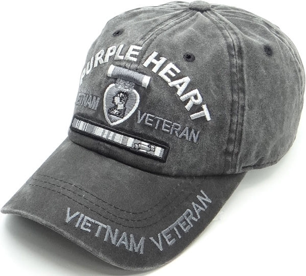 Purple Heart Vietnam Veteran Pigment Washed Cotton Mens Cap [Baseball Cap - Black]