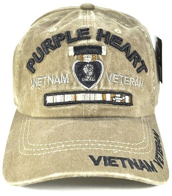 Purple Heart Vietnam Veteran Pigment Washed Cotton Mens Cap [Baseball Cap - Khaki]
