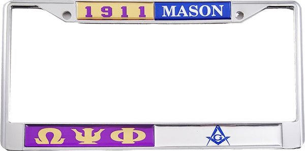 Omega Psi Phi + Mason Split Founder Year License Plate Frame [Purple/Silver]
