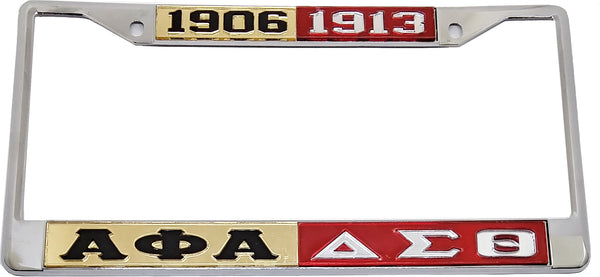 Alpha Phi Alpha + Delta Sigma Theta Split License Plate Frame [Silver Standard Frame - Gold/Black/Red/Silver]