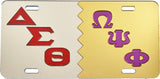 Delta Sigma Theta + Omega Psi Phi Split Mirror License Plate [Silver/Red/Gold/Purple]