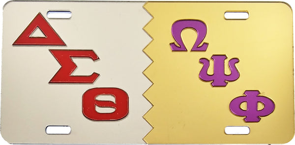 Delta Sigma Theta + Omega Psi Phi Split Mirror License Plate [Silver/Red/Gold/Purple]