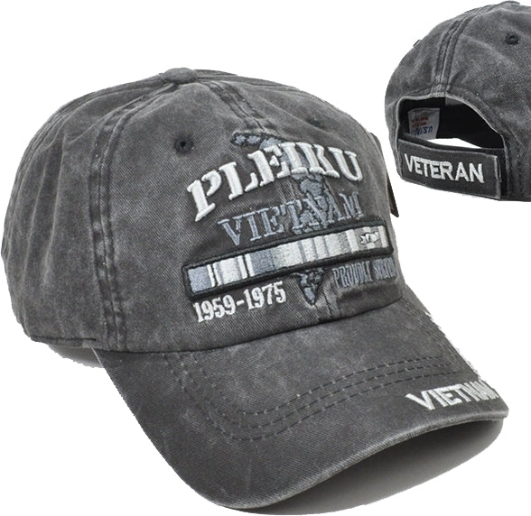 Pleiku Vietnam Veteran Tonal Pigment Washed Cotton Mens Cap [Baseball Cap - Black]