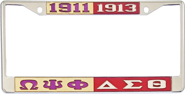 Omega Psi Phi + Delta Sigma Theta Split License Plate Frame [Silver Standard Frame - Gold/Purple/Red/Silver]