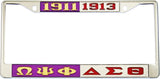 Omega Psi Phi + Delta Sigma Theta Split License Plate Frame [Silver Standard Frame - Purple/Gold/Silver/Red]
