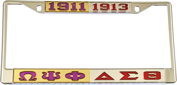 Omega Psi Phi + Delta Sigma Theta Split License Plate Frame [Silver Standard Frame - Gold/Purple/Silver/Red]