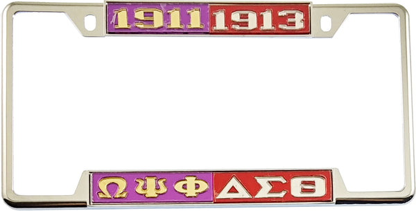 Omega Psi Phi + Delta Sigma Theta Split License Plate Frame [Decal Visible Frame - Purple/Gold/Red/Silver]