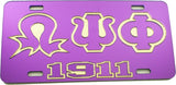 Omega Psi Phi 1911 Lightning Q Outline Mirror License Plate [Purple/Purple/Gold]