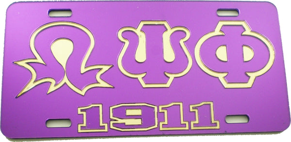 Omega Psi Phi 1911 Lightning Q Outline Mirror License Plate [Purple/Purple/Gold]