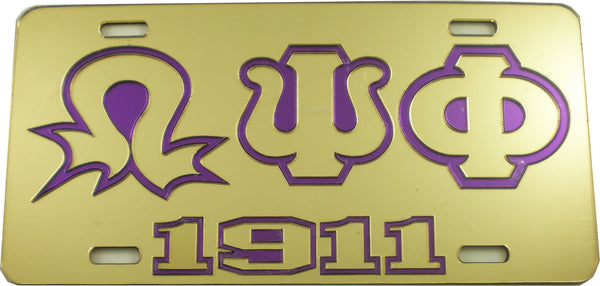 Omega Psi Phi 1911 Lightning Q Outline Mirror License Plate [Gold/Gold/Purple]