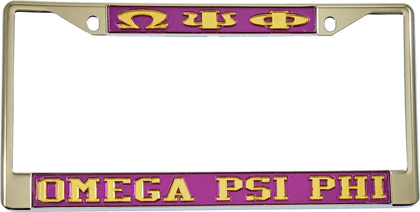 Omega Psi Phi Classic License Plate Frame [Silver Standard Frame - Purple/Gold]
