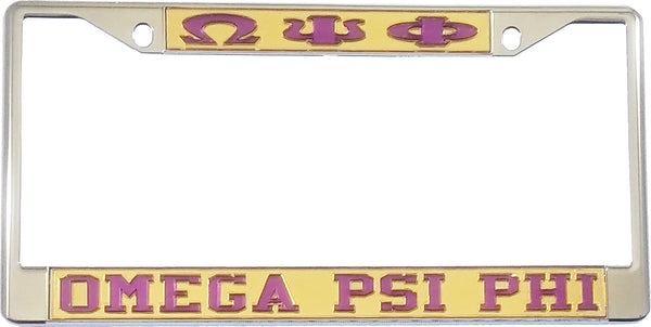 Omega Psi Phi Classic License Plate Frame [Silver Standard Frame - Gold/Purple]