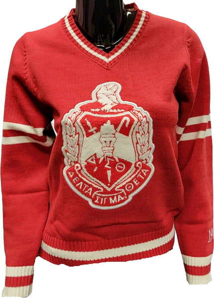 Buffalo Dallas Delta Sigma Theta Chenille V-Neck Varsity Sweater [Red]