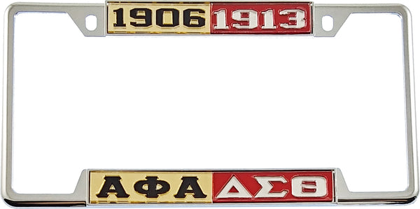 Alpha Phi Alpha + Delta Sigma Theta Split License Plate Frame [Decal Visible Frame - Gold/Black/Red/Silver]