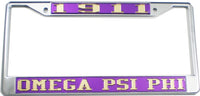 Omega Psi Phi 1911 License Plate Frame [Silver Standard Frame - Purple/Gold]