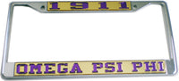 Omega Psi Phi 1911 License Plate Frame [Silver Standard Frame - Gold/Purple]