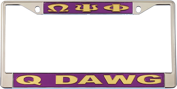 Omega Psi Phi Q Dawg License Plate Frame [Silver Standard Frame - Purple/Gold]
