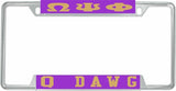 Omega Psi Phi Q Dawg License Plate Frame [Decal Visible Frame - Purple/Gold]