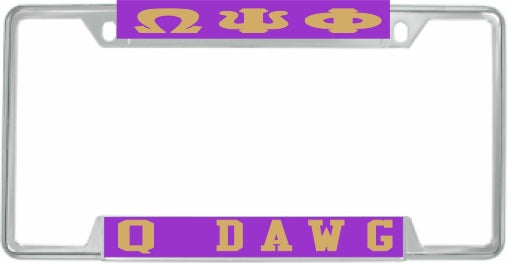 Omega Psi Phi Q Dawg License Plate Frame [Decal Visible Frame - Purple/Gold]