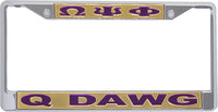 Omega Psi Phi Q Dawg License Plate Frame [Silver Standard Frame - Gold/Purple]