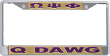 Omega Psi Phi Q Dawg License Plate Frame [Silver Standard Frame - Gold/Purple]