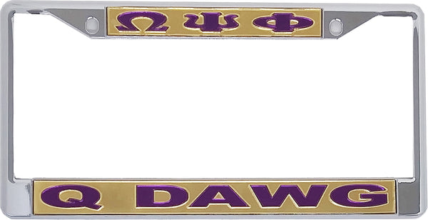 Omega Psi Phi Q Dawg License Plate Frame [Silver Standard Frame - Gold/Purple]