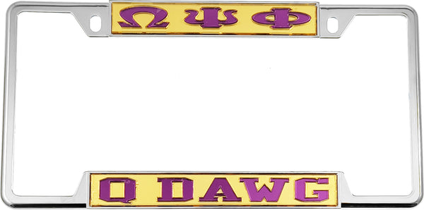 Omega Psi Phi Q Dawg License Plate Frame [Decal Visible Frame - Gold/Purple]