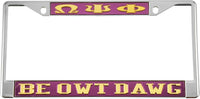 Omega Psi Phi Be Owt Dawg License Plate Frame [Silver Standard Frame - Purple/Gold]