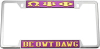 Omega Psi Phi Be Owt Dawg License Plate Frame [Decal Visible Frame - Purple/Gold]
