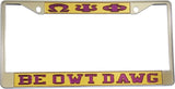 Omega Psi Phi Be Owt Dawg License Plate Frame [Silver Standard Frame - Gold/Purple]