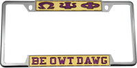 Omega Psi Phi Be Owt Dawg License Plate Frame [Decal Visible Frame - Gold/Purple]