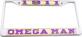 Omega Psi Phi 1911 Omega Man License Plate Frame [Silver Standard Frame - Gold/Purple]