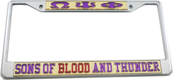 Omega Psi Phi Sons Of Blood And Thunder License Plate Frame [Silver Standard Frame - Gold/Purple]