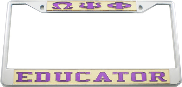 Omega Psi Phi Educator License Plate Frame [Silver Standard Frame - Gold/Purple]