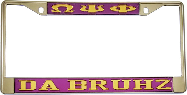 Omega Psi Phi Da Bruhz License Plate Frame [Silver Standard Frame - Purple/Gold]